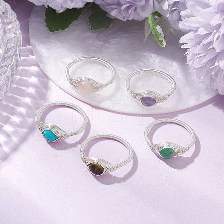 Horse Eye Natural Green Aventurine & Tiger Eye & Amethyst & Rose Quartz & Synthetic Turquoise Finger Rings RJEW-JR00842-02-1
