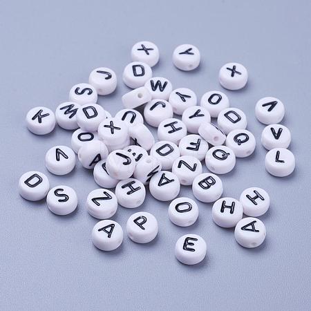 White Chunky Letter Acrylic Flat Round Beads for Kids Jewelry X-OACR-E001-19-1