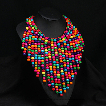 Bohemian Style Round Wood Beaded Multilayer Bib Necklaces for Women WG93846-09-1