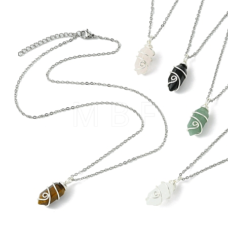 Natural Mixed Gemstone Pointed Faceted Bullet Copper Wire Wrapped Pendant Necklaces NJEW-JN05025-02-1