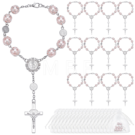 30Pcs Plastic Imitation Pearl Link Alloy Virgin Cross Charm Rosary Bracelets BJEW-WA0001-06-1