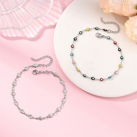 2Pcs 2 Styles 304 Stainless Steel Enamel Colorful Evil Eye Link Chain Anklets AJEW-AN00807-1