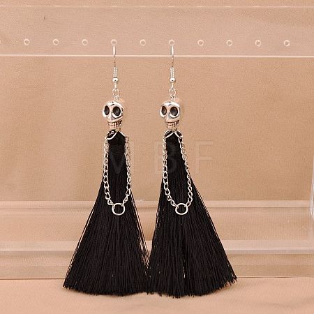 Zinc Alloy Polyester Skull Tassel Dangle Earrings FS-WG69CBD-05-1