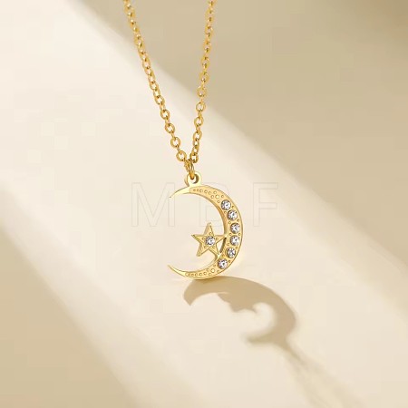 304 Stainless Steel Crystal Rhinestone Moon with Star Pendant Necklaces for Unisex WGDDE1C-02-1