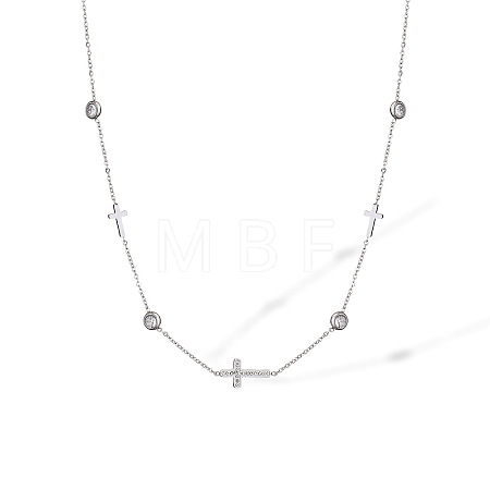 Religion 304 Stainless Steel Pave Clear Cubic Zirconia Cross Link Chain Necklaces for Women WGE3C6C-02-1