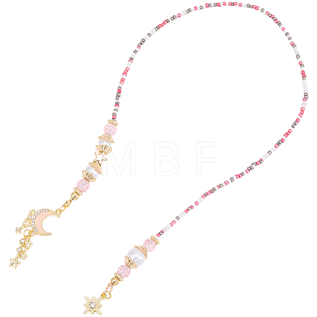 1Pc Alloy & Resin & Glass Seed Bead & Rhinestone Moon Star Beaded Chain Bookmarks AJEW-BM0001-40-1