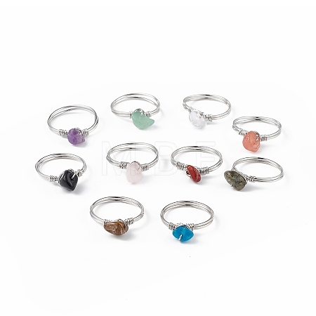 Natural Mixed Gemstone Chips Finger Ring RJEW-L082-03P-1