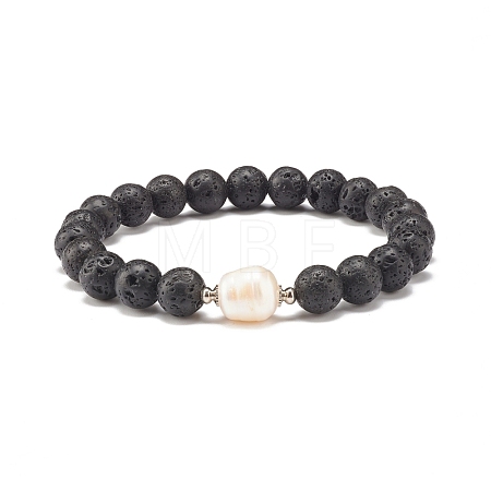 Natural Pearl & Lava Rock Beaded Stretch Bracelet BJEW-JB07760-1