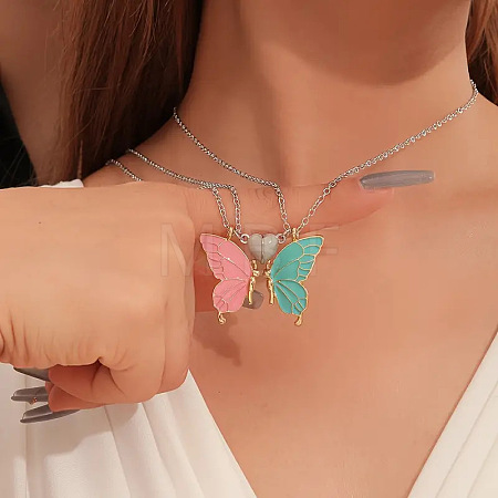 2Pcs Alloy Enamel Magnetic Luminous Butterfly Pendant Friendship Couple Necklaces FS-WG3F676-03-1