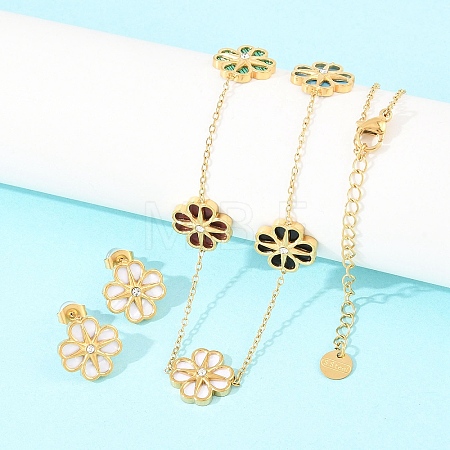 304 Stainless Steel with Resin Flower Link Chain Necklaces & Stud Earrings SJEW-Z005-02G-03-1