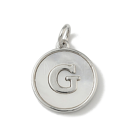Brass Pave Natural Shell Flat Round with Letter Charms KK-Z115-13P-G-1