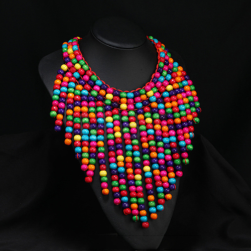 Bohemian Style Round Wood Beaded Multilayer Bib Necklaces for Women WG93846-09-1