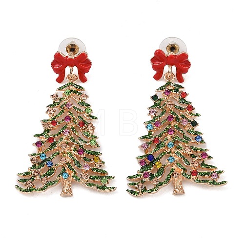 Bowknot Christmas Tree Alloy Colorful Rhinestone & Enamel Dangle Stud Earrings for Women EJEW-L203-11KCG-1