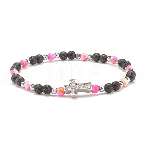 Natural & Synthetic Mixed Gemstone Beaded Stretch Bracelet with Clear Cubic Zirconia Cross for Women BJEW-JB08247-04-1