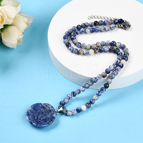 Natural Blue Spot Jasper 4.5mm Round Beaded Flower Pendant Necklaces NJEW-T016-04D-1