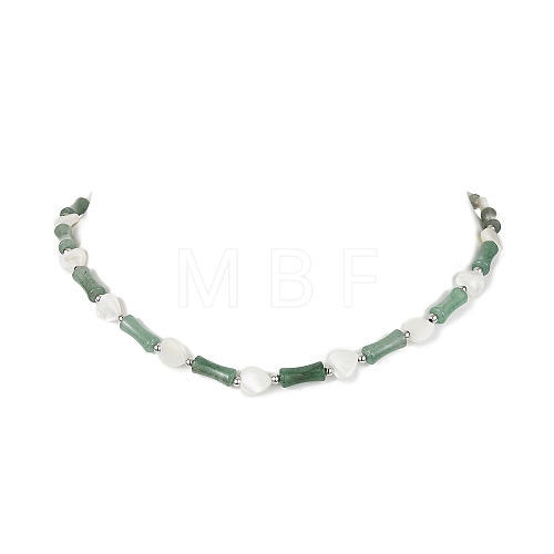 Natural Shell Heart & Green Aventurine Bamboo Beaded Necklace NJEW-TA00123-1