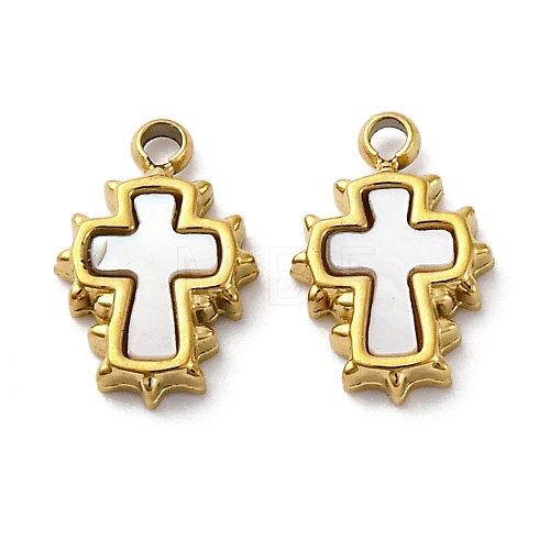 304 Stainless Steel Pave Natural White Shell Cross Charms STAS-S163-26G-1