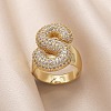 Brass Micro Pave Clear Cubic Zirconia Letter Open Cuff Ring for Women RJEW-M173-01G-S-1