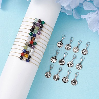 12Pcs Twelve Constellations Adjustable Mixed Gemstone Round Braided Beaded Bracelet Sets SJEW-JS01310-1