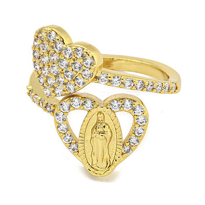 Heart & Virgin Mary Rack Plating Brass Micro Pave Cubic Zirconia Cuff Rings for Women RJEW-F162-11G-1