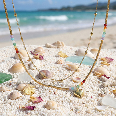 Rainbow Glass & Natural Stone & Brass Beaded Stainless Steel Chain Double Layer Necklaces with Heart Pendant for Beach Vacation Accessories TH6527-1-1
