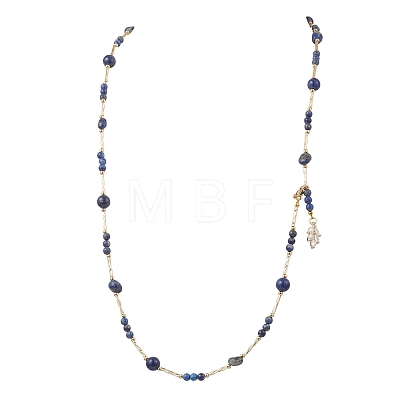 Natural Lapis Lazuli Round and Nuggets Lariat Necklaces NJEW-JN05727-1