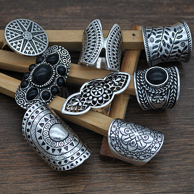 8Pcs Retro Alloy and Resin Cuff Open Rings Set WG49266-01-1