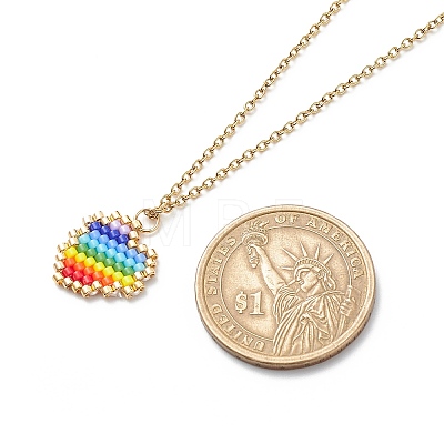 Rainbow Color Japanese Seed Braided Heart Pendant Necklace with 304 Stainless Steel Chains for Women NJEW-MZ00005-1