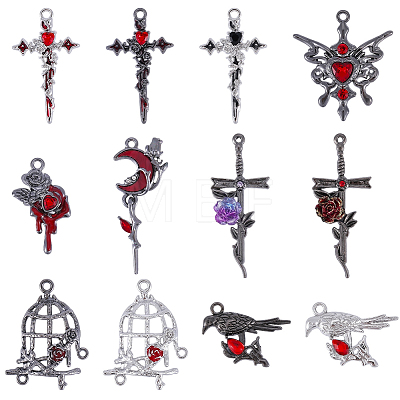 24Pcs 12 Styles Gothic Alloy Rhinestone/Acrylic/Enamel Pendants Sets FIND-SC0023-29-1