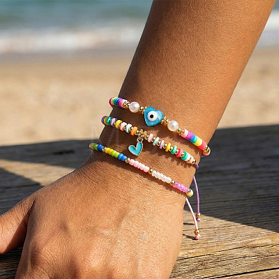 3Pcs Glass Seed Bead & Resin & Brass Braided Bead Bracelets LW3639-5-1