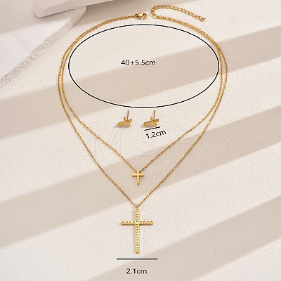 201 Stainless Steel Rhinestones Double-layer Cross Pendant Necklace & Stud Earrings Set for Women LY3624-1