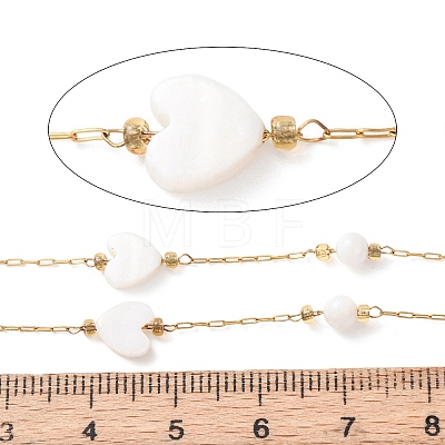 304 Stainless Steel & Natural Shell Heart & Round Bead Cable Chains CHS-G048-09G-1