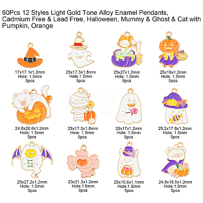 60Pcs 12 Styles Light Gold Tone Alloy Enamel Pendants ENAM-CJ0003-99-1