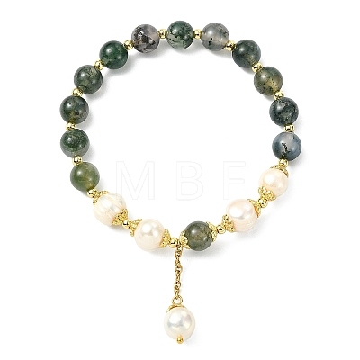 Natural Moss Agate & Natural Pearl Bead Charm Bracelets BJEW-JB14141-01-1