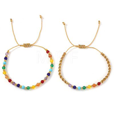 2Pcs 2 Styles Natural Mixed Gemstone & Glass & Brass Round Beads Braided Bead Bracelets PH4377-6-1