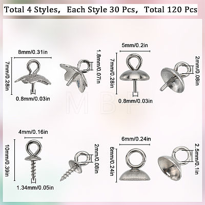 SUNNYCLUE 120Pcs 4 Styles 201 & 304 Stainless Steel Cup Peg Bails Charms STAS-SC0006-06-1