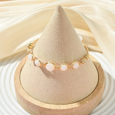 Herringbone Wire-Wrapped Natural Rainbow Moonstone Brass Cuff Bangles BJEW-JB14039-03-1