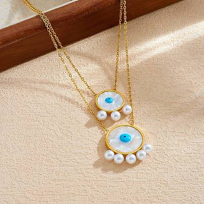 304 Stainless Steel Acrylic Blue Evil Eye Pendant Double Layer Necklaces for Women WG0980E-01-1