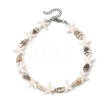 Ocean Natural Spiral Shell & Synthetic Turquoise Beaded Anklets AJEW-AN00830-1