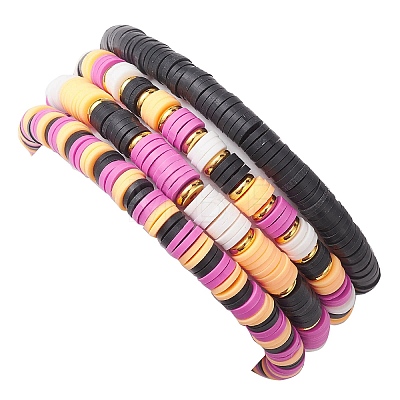 4Pcs Handmade Polymer Clay and Acrylic Beaded Stretch Bracelets Set BJEW-TA00478-1