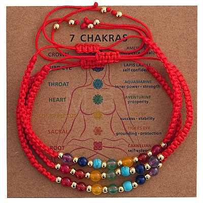 3Pcs Adjustable Chakra Natural & Synthetic Mixed Stone Round Bead Braided Bracelet Sets ZZ4943-5-1