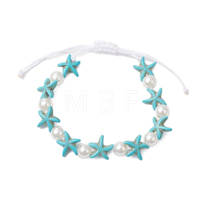 Starfish Synthetic Turquoise & Acrylic Pearl Braided Bead Bracelets for Women BJEW-JB11263-01-1