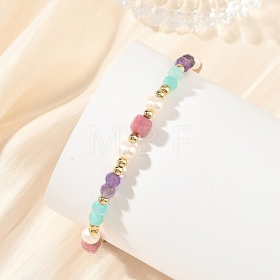Natural Mixed Gemstone Faceted Round and Cube Beaded Bracelets with Natural Pearl & Brass End Chains BJEW-JB14336-01-1