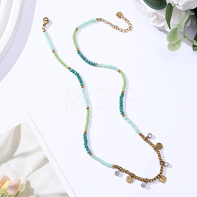 Boho 304 Stainless Steel Crystal Rhinestone Coin Tassel Pendant Glass Beaded Necklaces for Women WG01577-03-1