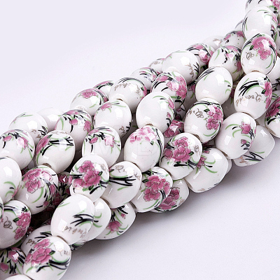 Handmade Flower Printed Porcelain Ceramic Beads Strands PORC-J006-D08-1