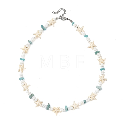 Ocean Natural Amazonite Chip & Natural White Shell Disc & Dyed Starfish Synthetic Turquoise Beaded Necklaces for Women NJEW-JN06390-1
