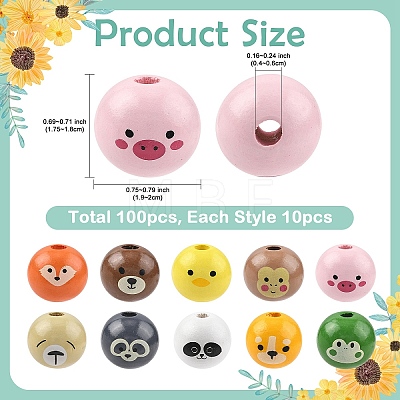 100Pcs 10 Styles Animal Themes Printed Wood European Beads WOOD-YW0001-87-1