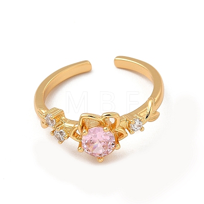 Pink Cubic Zirconia Flower of Life Open Cuff Ring RJEW-C048-09G-1