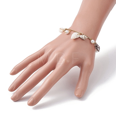 Natural Spiral Shell & Glass Pearl Charm Bracelets BJEW-JB09973-1
