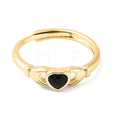 Hand with Heart Natural Black Agate Agate Adjustable Rings RJEW-Q817-06G-03-1